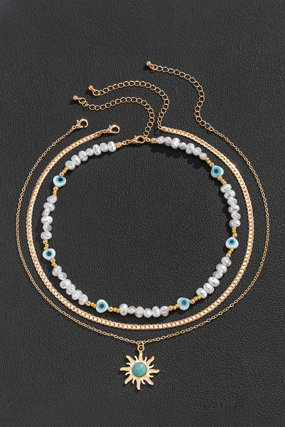 Gold Sun Turquoise Pearl Beaded Multi Layered Pendant Necklace