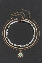 Gold Sun Turquoise Pearl Beaded Multi Layered Pendant Necklace