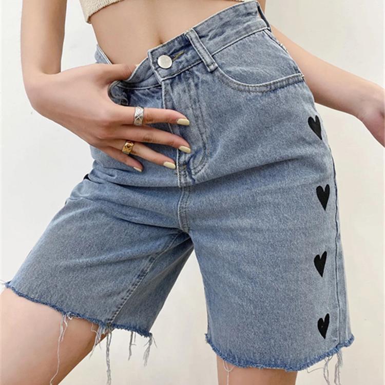 High-waist Embroidery Love Loose and Thin Wide-leg Jeans Shorts Women - Horizon Bliss