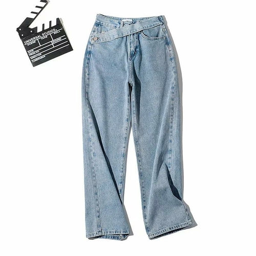 Women's Fake Belt Jeans Buttons straight Pants High Street Denim Loose - Horizon Bliss