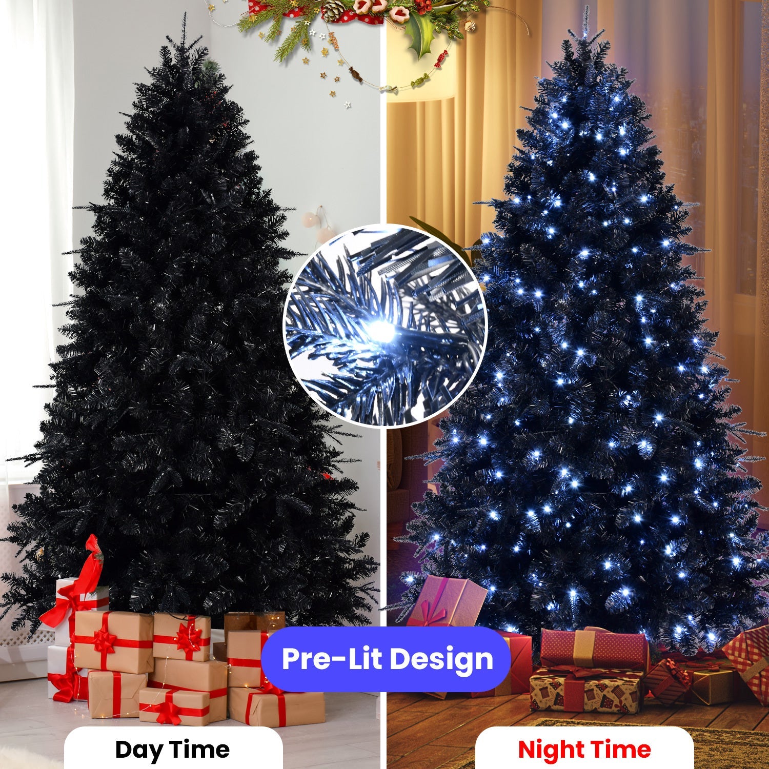 8ft Pre-Lit Black Christmas Tree, Full Halloween Xmas Artificial Tree