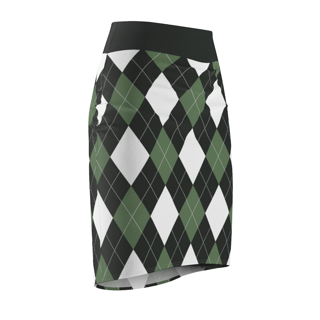 Womens Pencil Skirt, Green And White Argyle Stretch Mini, S510537 - Horizon Bliss