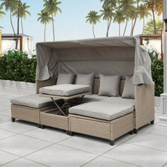 4 Piece UV-Proof Resin Wicker Patio Sofa Set with Retractable Canopy, - Horizon Bliss