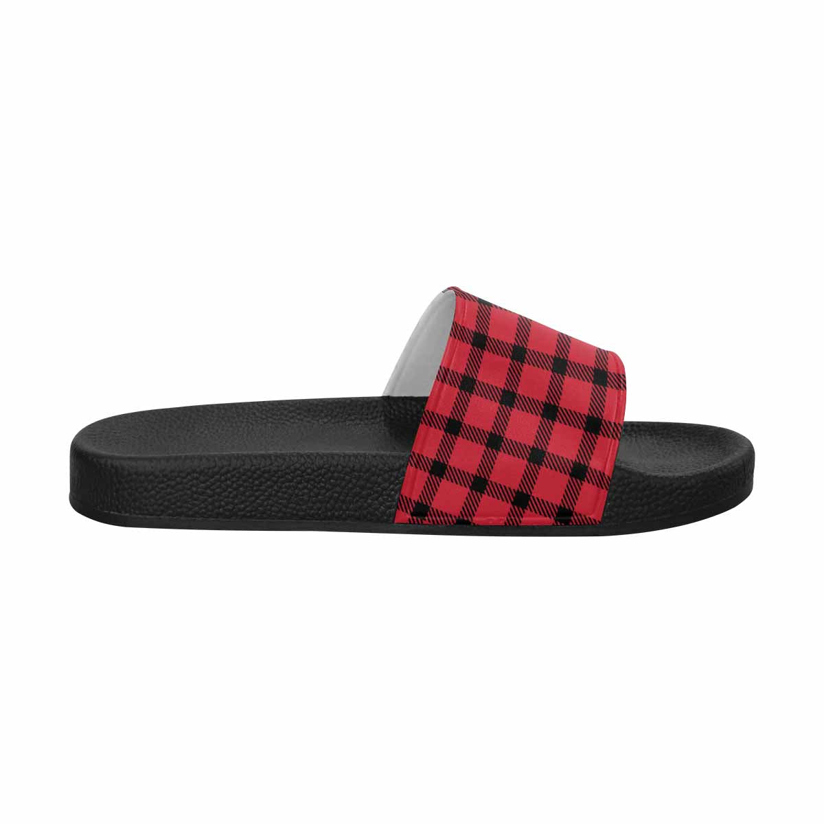 Mens Slide Sandals,      Buffalo Plaid Red And Black - Horizon Bliss