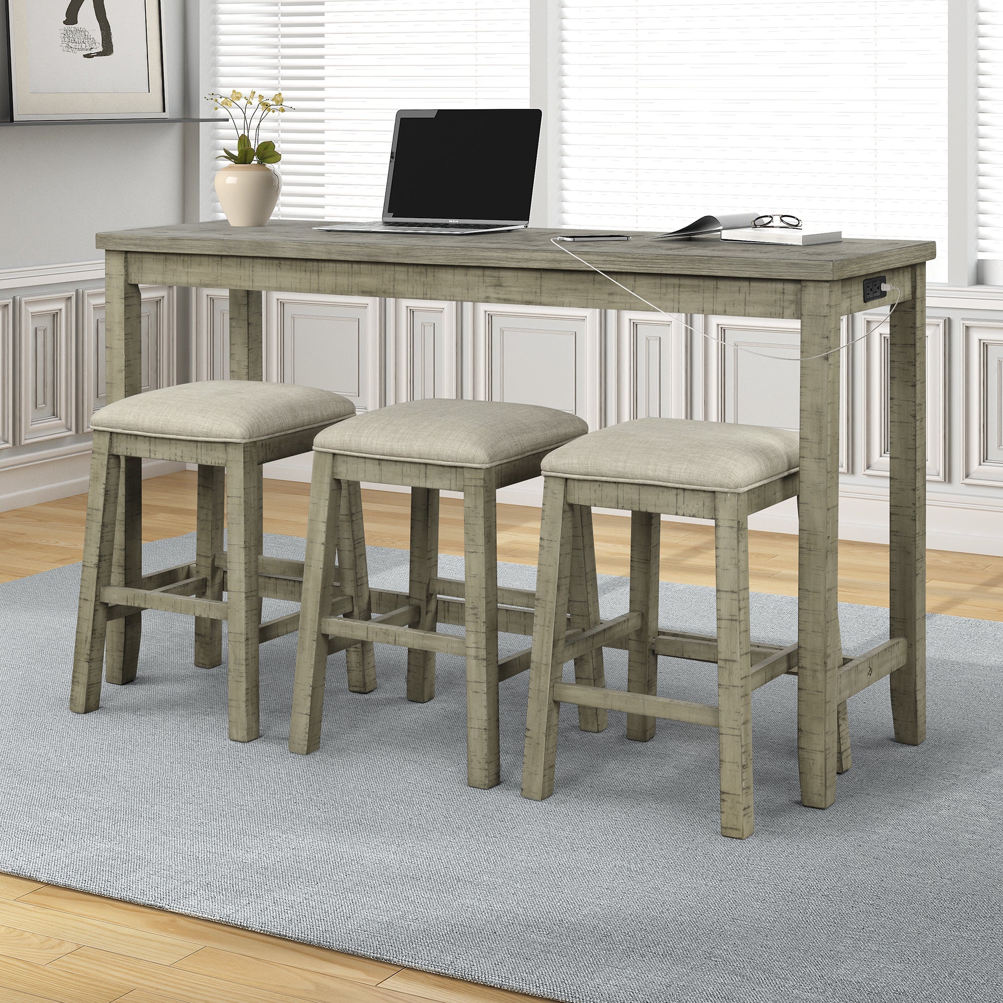 4 Pieces Counter Height Table with Fabric Padded Stools,Rustic Bar