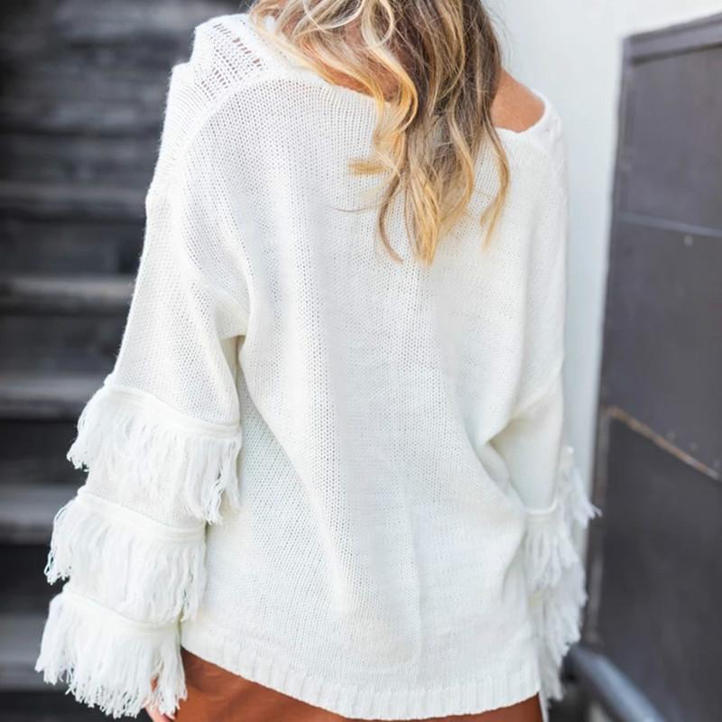 Oversize White Knitted Fringe Sweater - Horizon Bliss