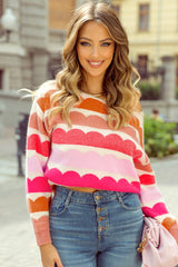 Yellow Wave Striped Balloon Sleeve Drop Shoulder Sweater