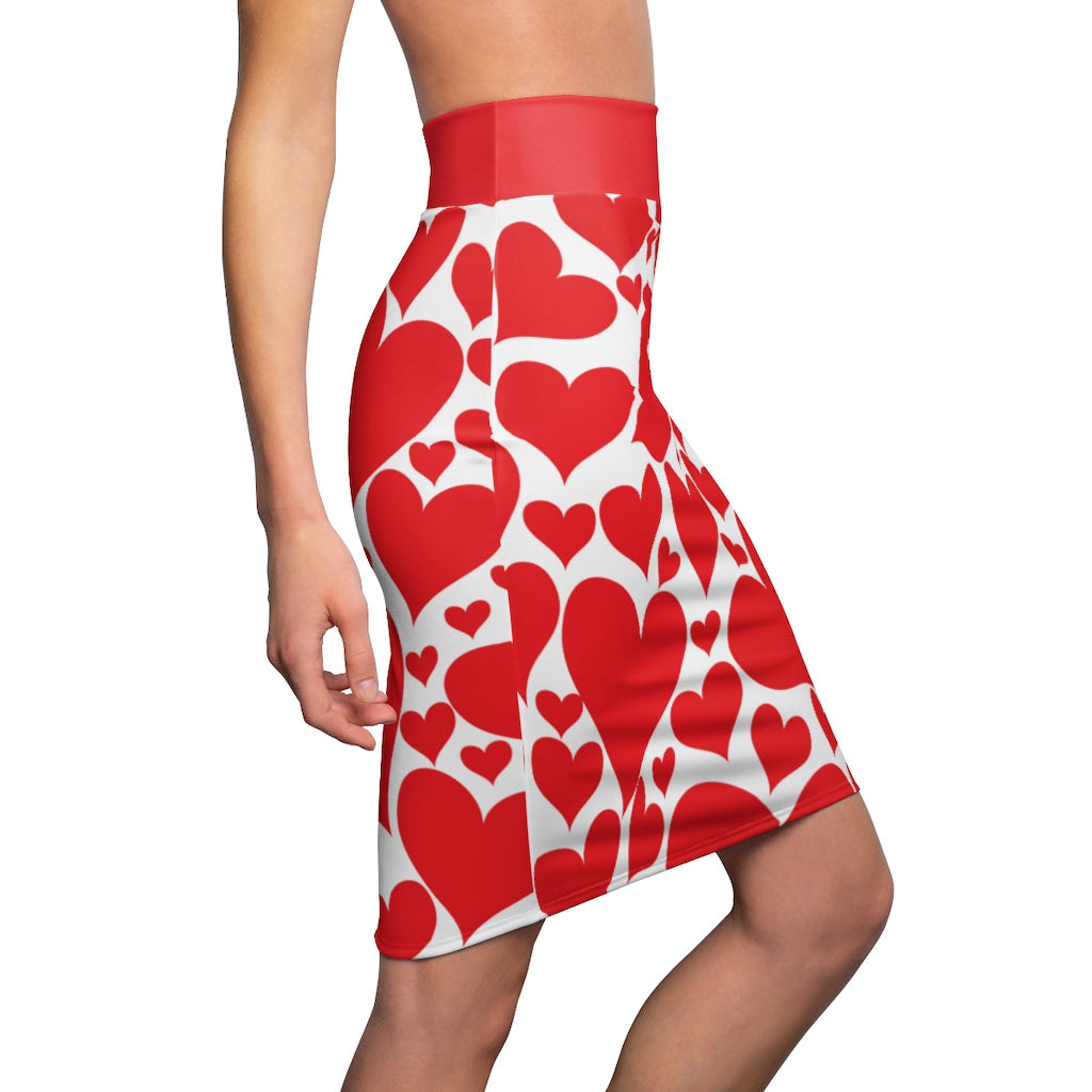 Womens Pencil Mini Skirt, Love Red Hearts, S867849 - Horizon Bliss