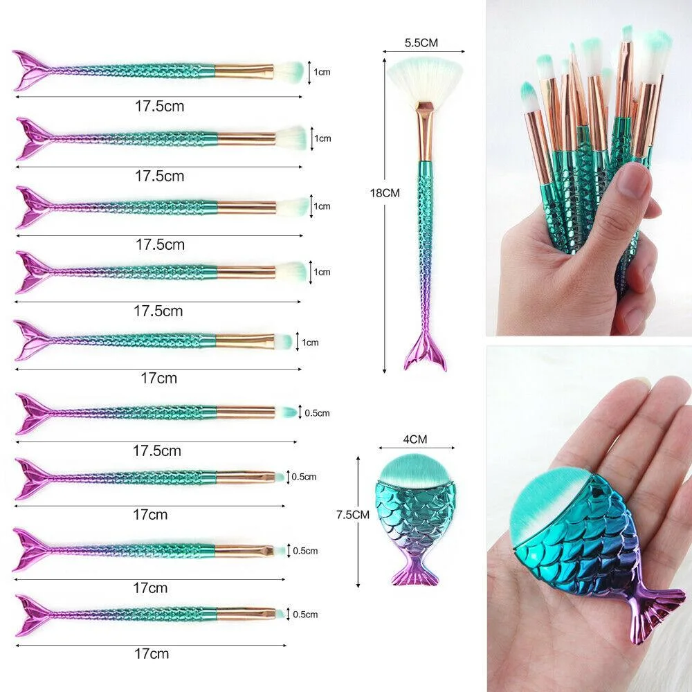 11pcs mermaid-gradient blue with fan-shaped makeup brush - Horizon Bliss