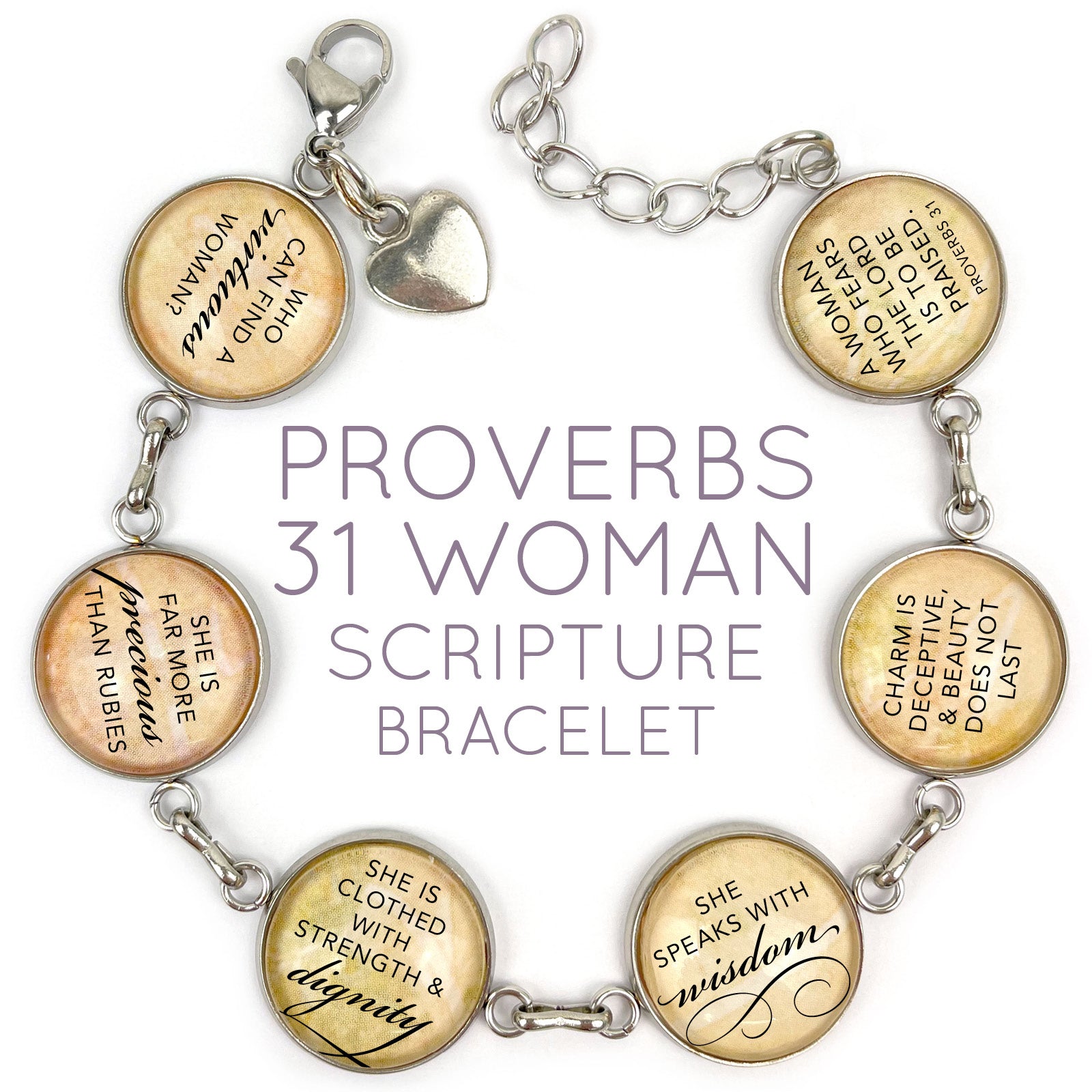 Proverbs 31 Woman Scripture Bracelet – Glass Charm Stainless Steel - Horizon Bliss