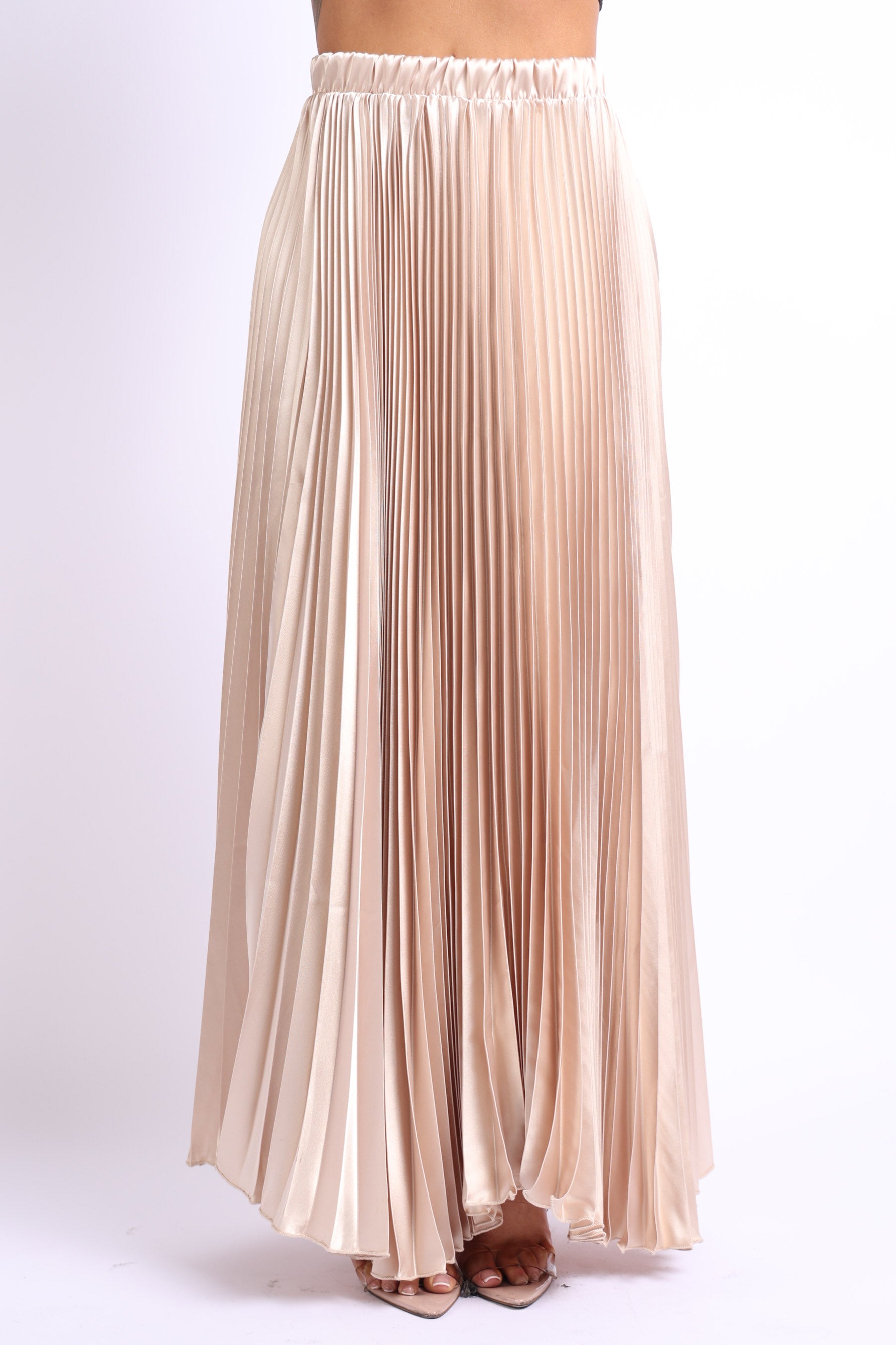 Elastic High Waist A-Line Pleated Satin Maxi Skirt TAUPE - Horizon Bliss