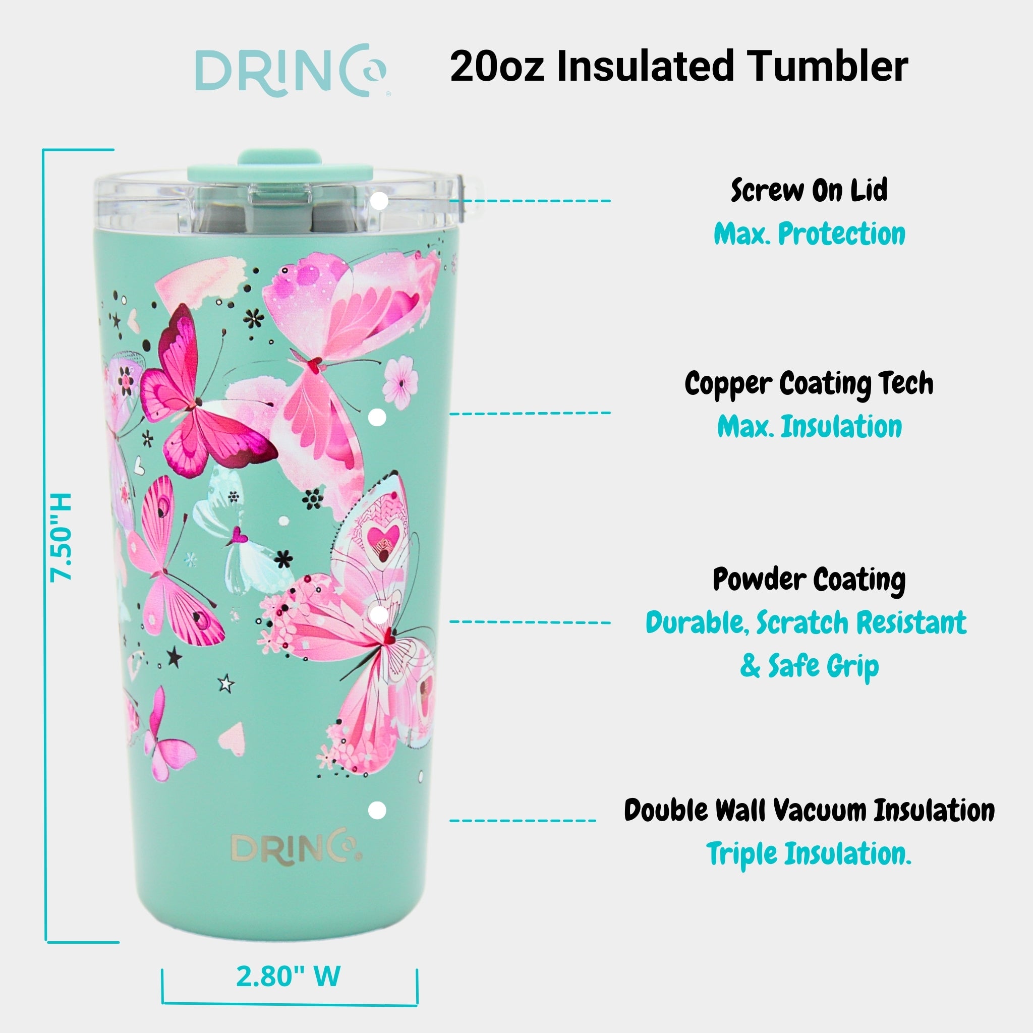 DRINCO® Seattle 20oz Insulated Tumbler Leakproof w/straw-Butterfly