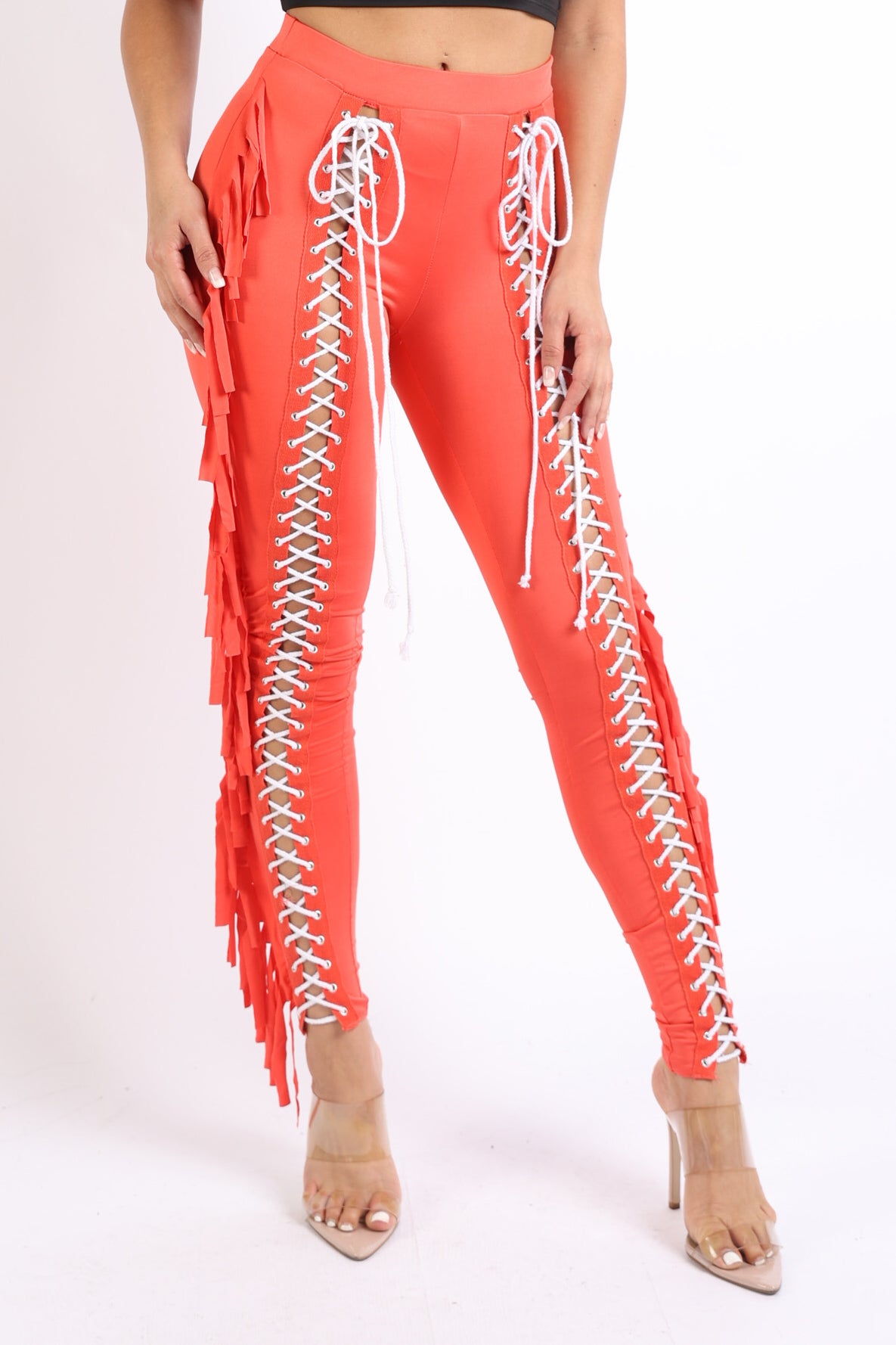 Chic Lace up Detailed Fringe Tassel Pants Leggings BLACK - Horizon Bliss