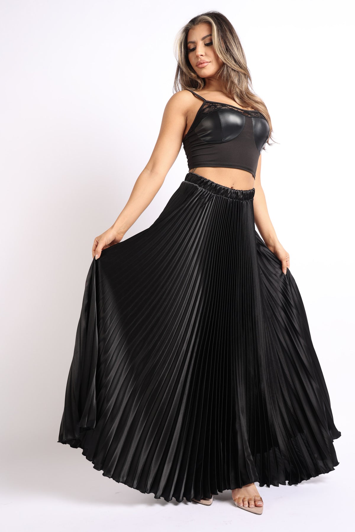 Elastic High Waist A-Line Pleated Satin Maxi Skirt BLACK - Horizon Bliss