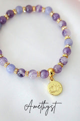 Rose Quartz – Amethyst Elastic Bracelet | 24K Lotus Flower Charm - Horizon Bliss