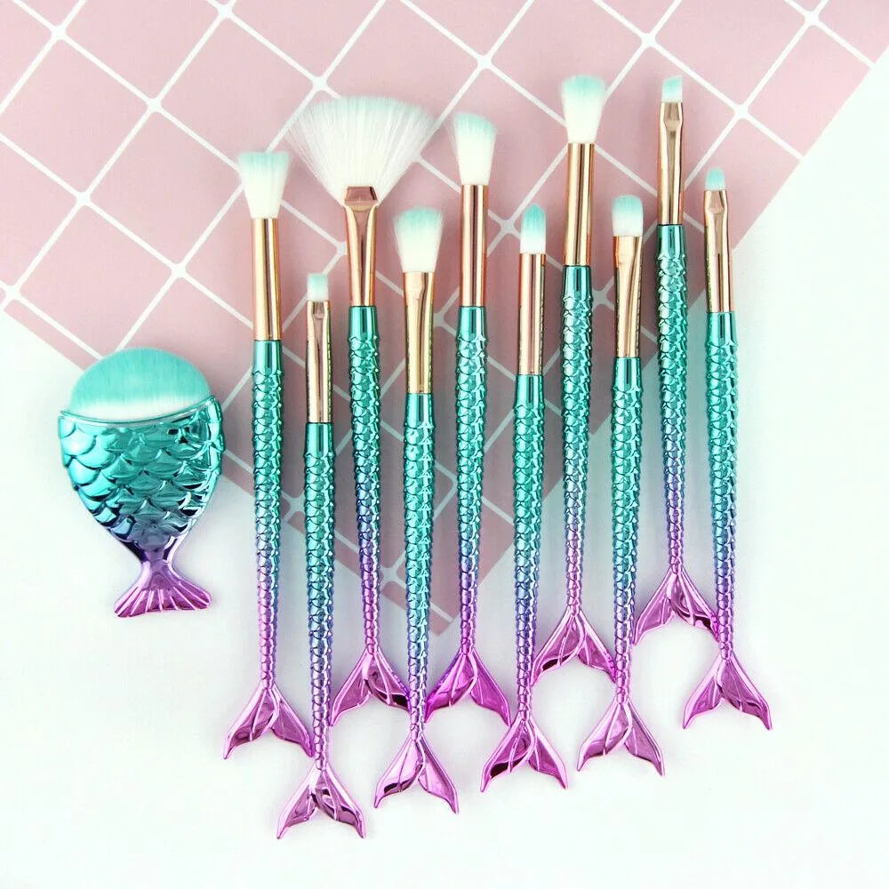 11pcs mermaid-gradient blue with fan-shaped makeup brush - Horizon Bliss