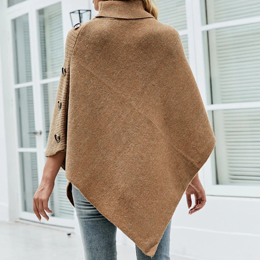 Womens Turtleneck Poncho With Side Buttons Details - Horizon Bliss