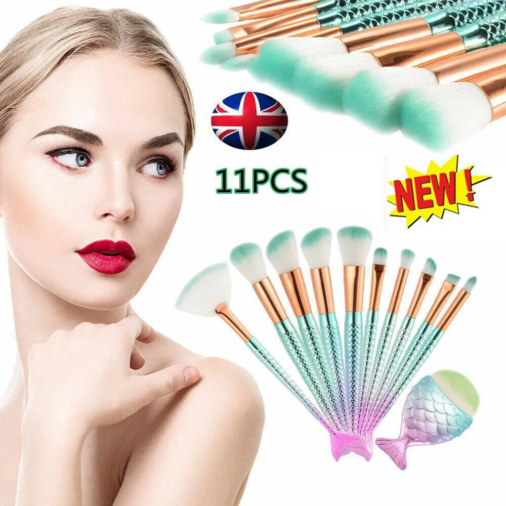 11pcs mermaid-gradient blue with fan-shaped makeup brush - Horizon Bliss