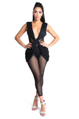 Sexy Sleeveless Lightweight Draped Mesh Jumpsuit Party Clubwear BLACK