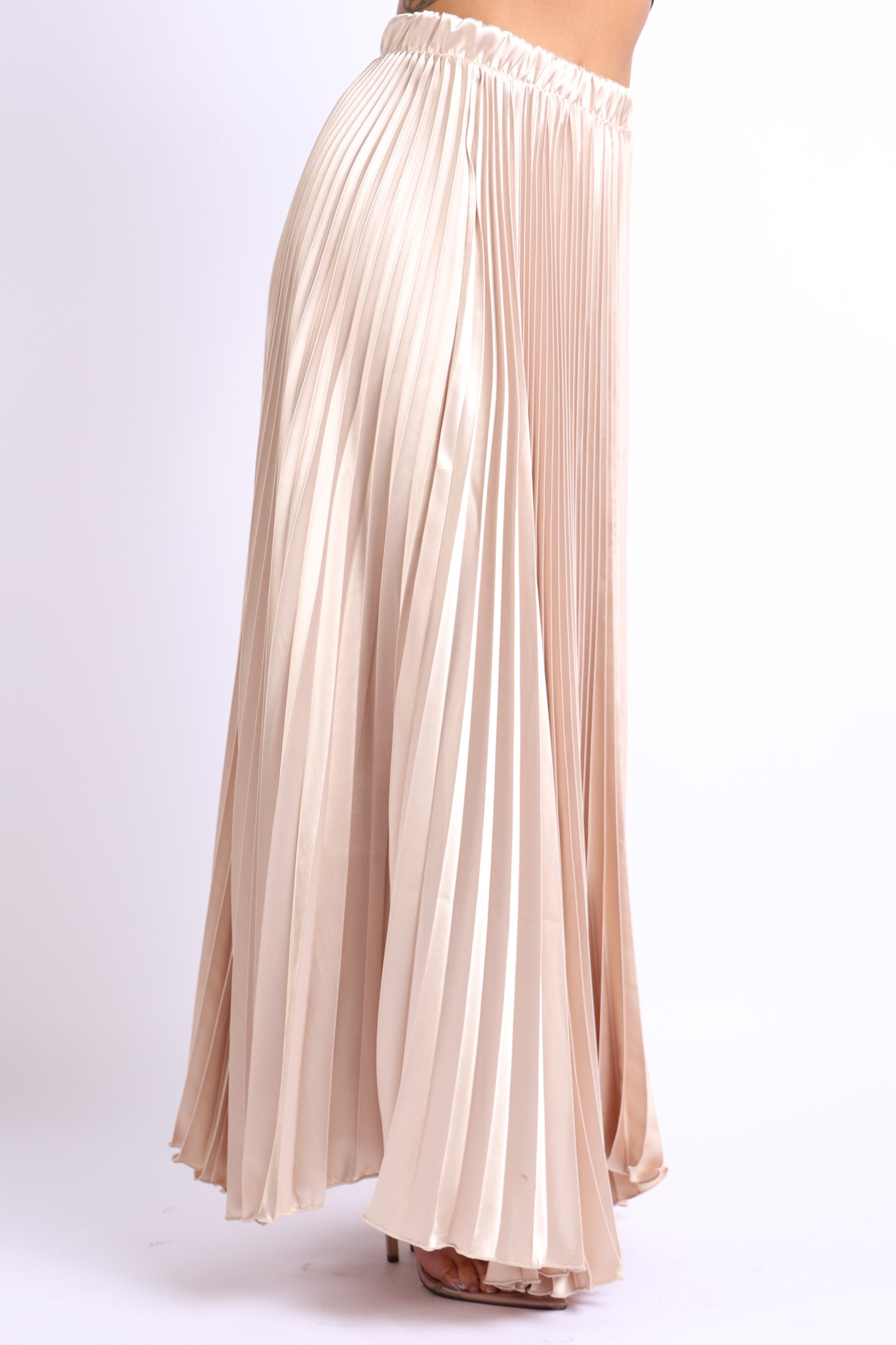 Elastic High Waist A-Line Pleated Satin Maxi Skirt TAUPE - Horizon Bliss