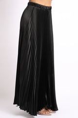 Elastic High Waist A-Line Pleated Satin Maxi Skirt BLACK - Horizon Bliss