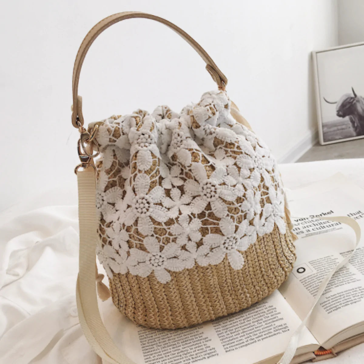 Summer Crossbody Straw Bucket with Lace - Horizon Bliss