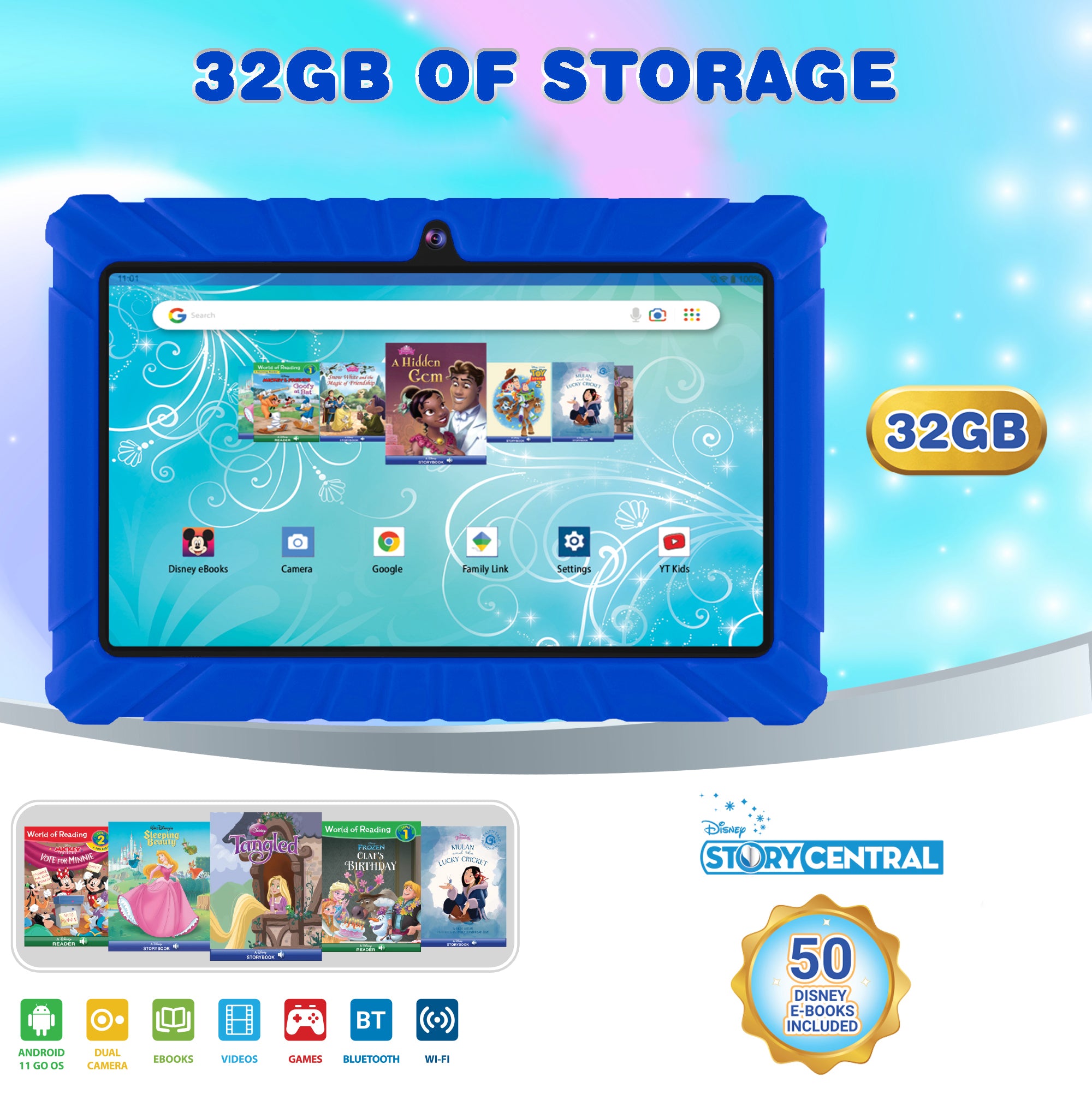 V8-2 Blue 7" Kids Android Tablet 32GB Featuring 50 Disney eBooks - Horizon Bliss