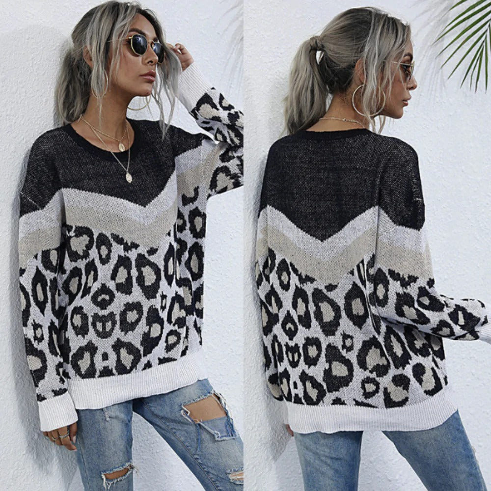 Womens Leopard Print Round Neck Sweater - Horizon Bliss