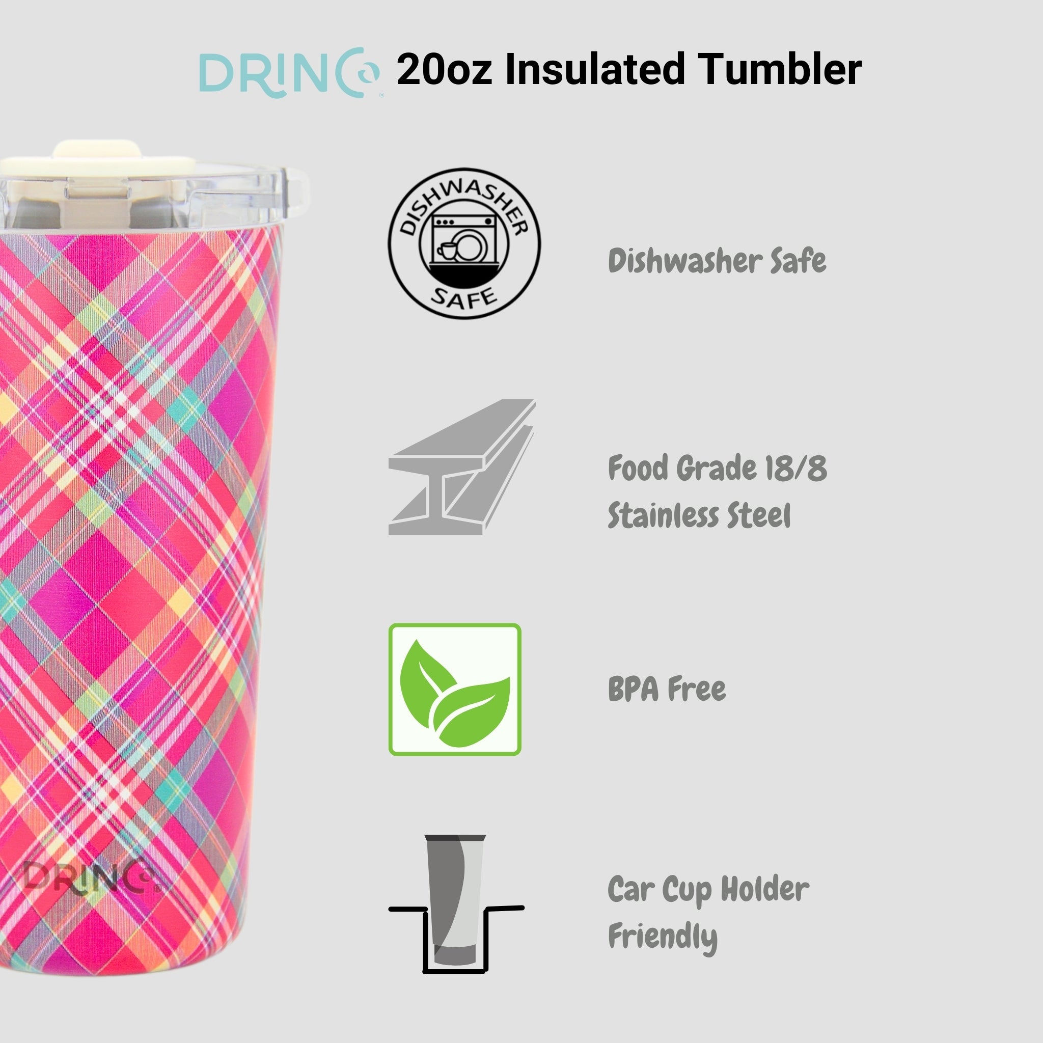 DRINCO® Seattle 20oz Insulated Tumbler Leakproof w/straw-Madras Plaid