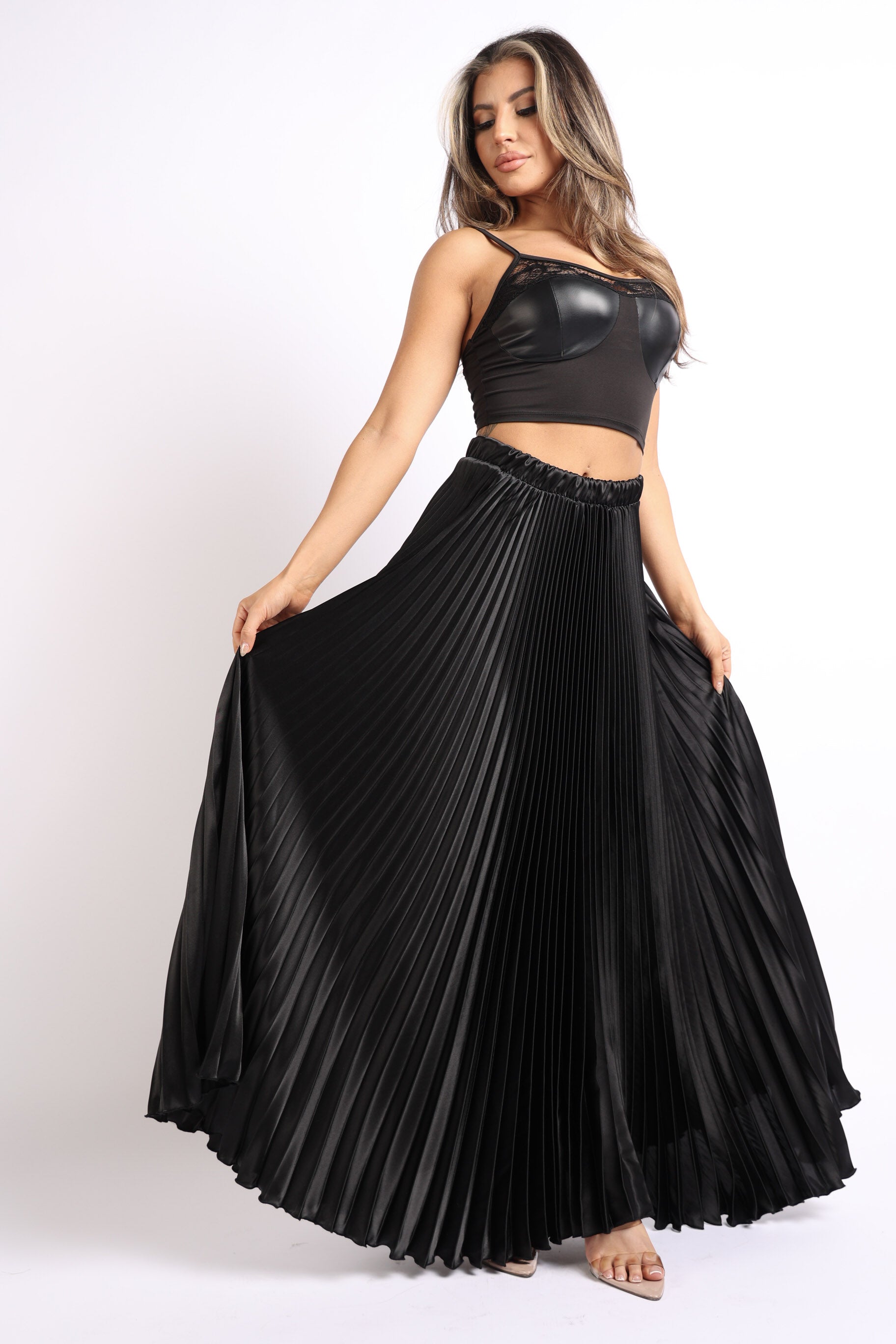 Elastic High Waist A-Line Pleated Satin Maxi Skirt Formal Prom BLACK - Horizon Bliss