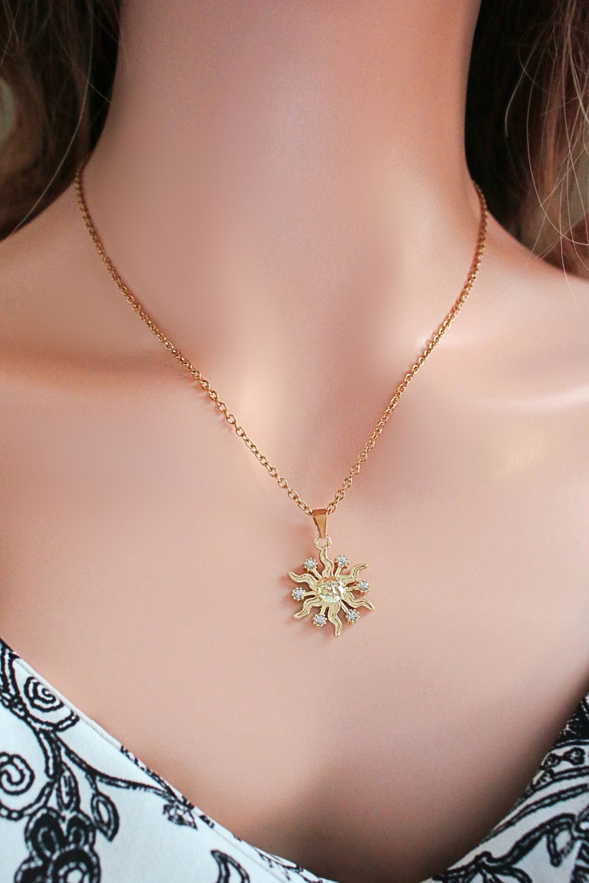 24 Karats CZ Sun Pendant Necklace - Horizon Bliss