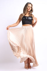 Elastic High Waist A-Line Pleated Satin Maxi Skirt TAUPE - Horizon Bliss