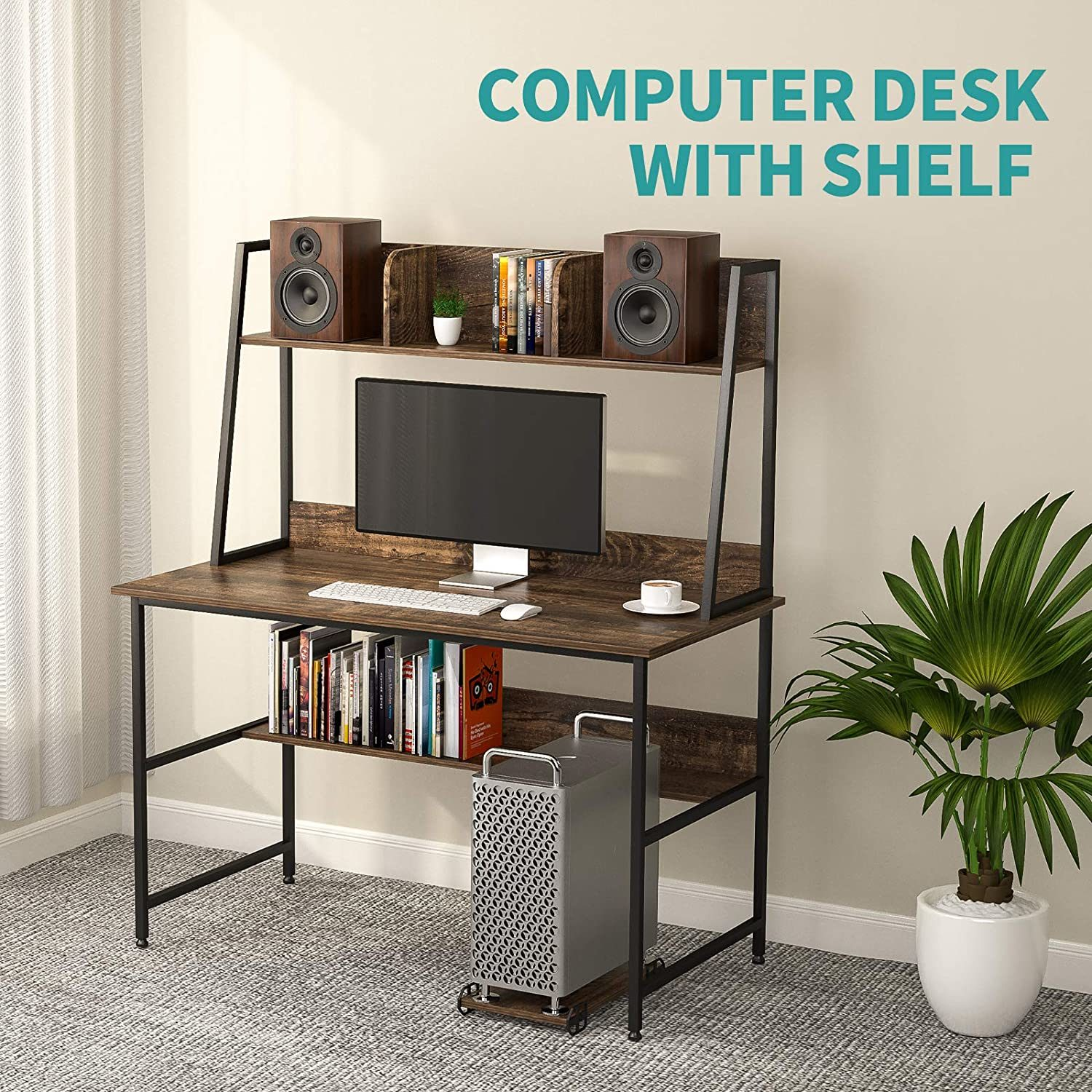 47 Inch Computer Desk with Shelves Sturdy Writing Desk - Horizon Bliss