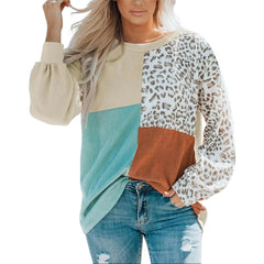 Leopard Patchwork Color Block Ribbed Long Sleeve Top