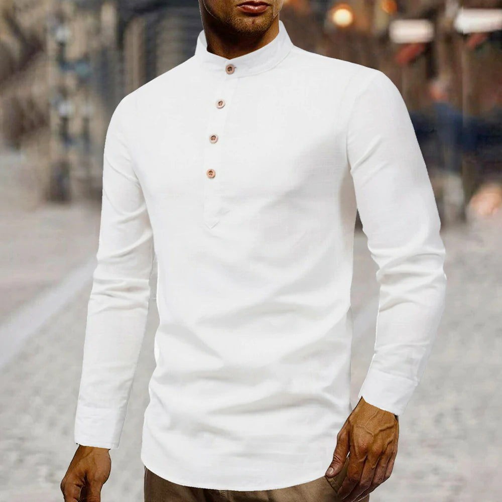 Mens Stand Collar Linen Shirt - Horizon Bliss