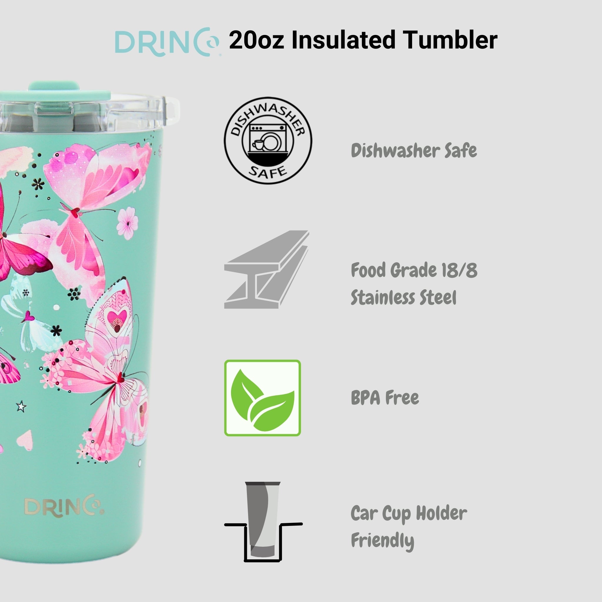 DRINCO® Seattle 20oz Insulated Tumbler Leakproof w/straw-Butterfly