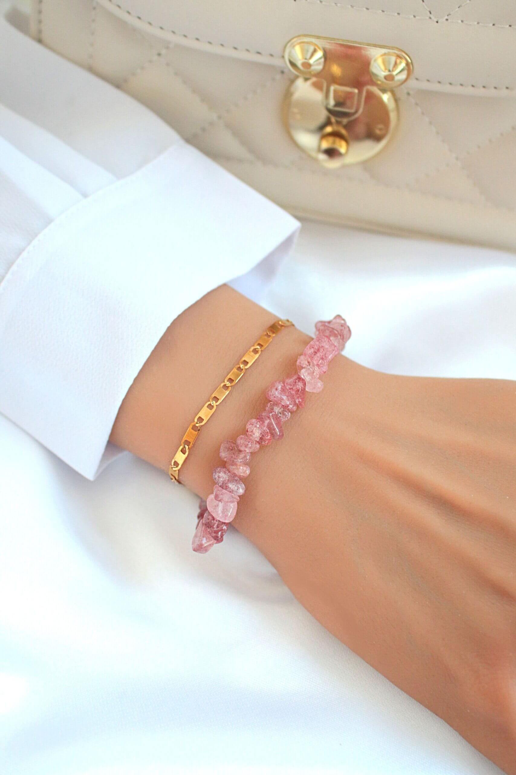 Strawberry Quartz & 24 Karats Double-Layered Bracelet - Horizon Bliss