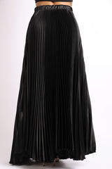 Elastic High Waist A-Line Pleated Satin Maxi Skirt Formal Prom BLACK - Horizon Bliss