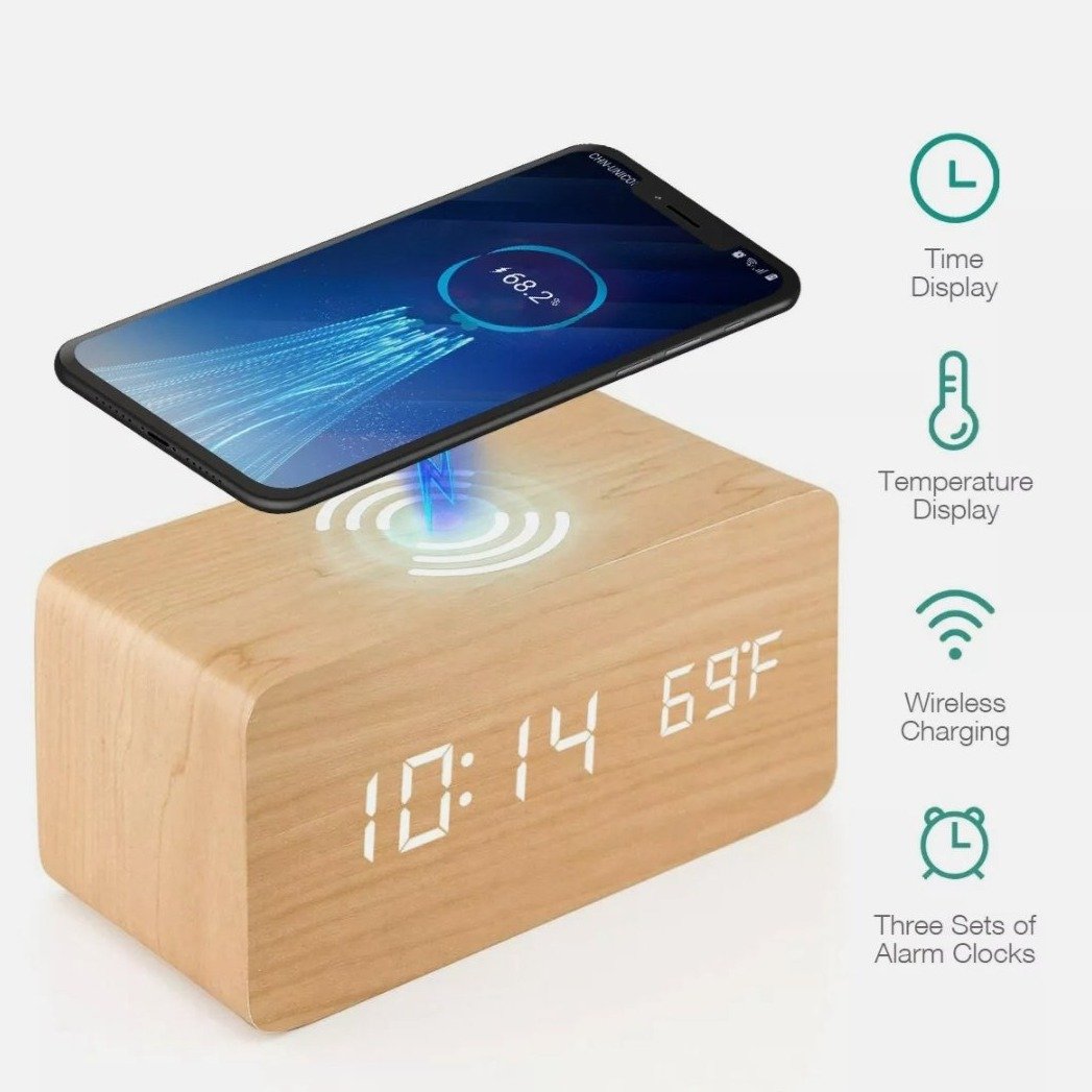 Wooden Digital Alarm Clock with Wireless Phone Charging Pad - Horizon Bliss