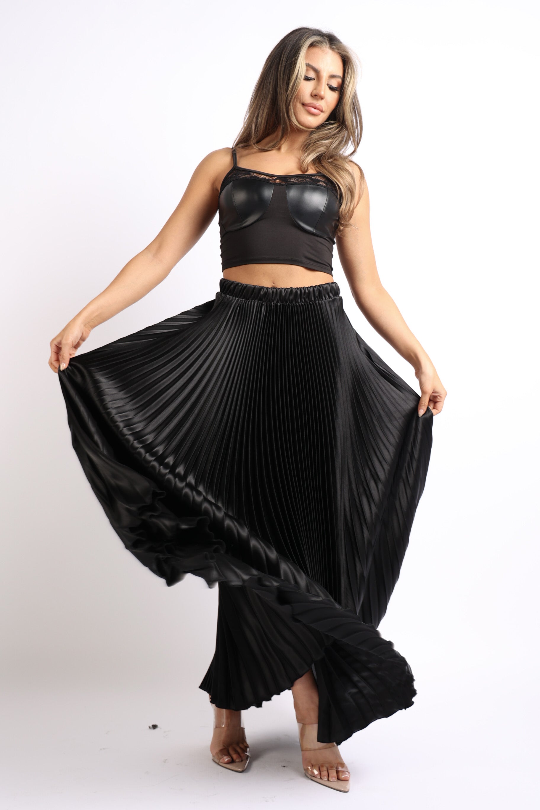 Elastic High Waist A-Line Pleated Satin Maxi Skirt BLACK - Horizon Bliss