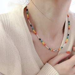 Womens Colorful Beaded Necklace With Happy Face - Horizon Bliss