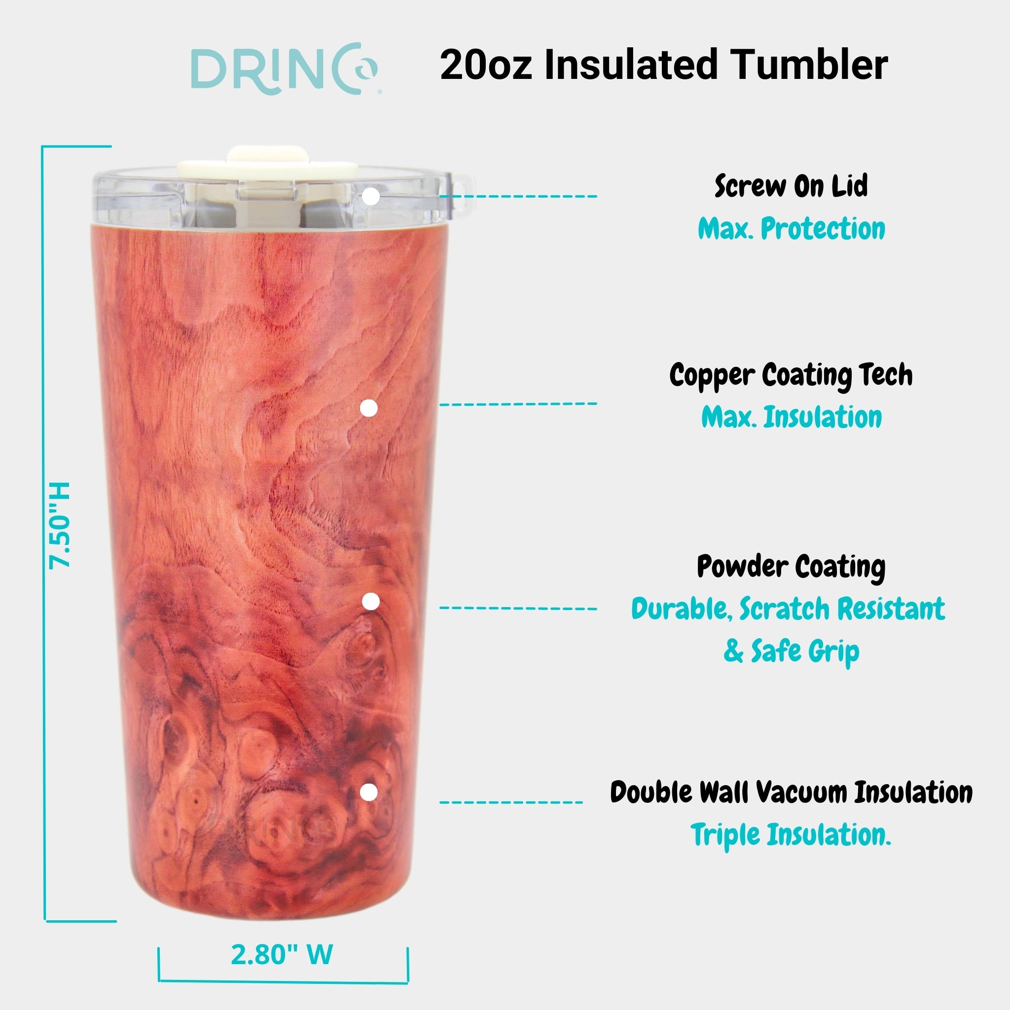 DRINCO® Seattle 20oz Insulated Tumbler Leakproof w/straw-Walnut