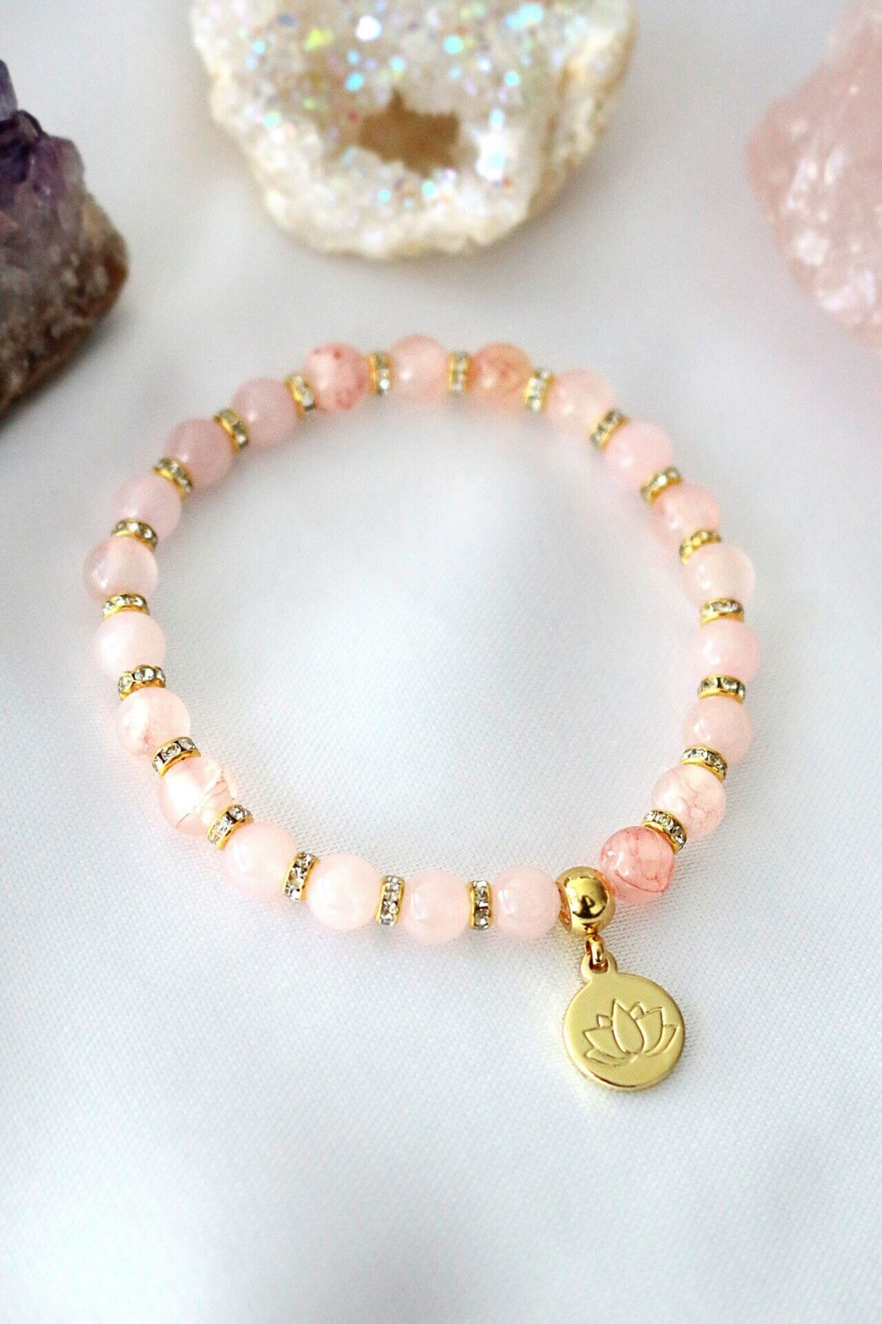 Rose Quartz – Amethyst Elastic Bracelet | 24K Lotus Flower Charm - Horizon Bliss