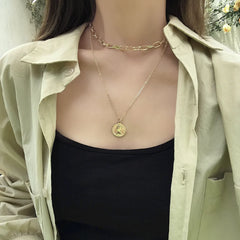 Womens Layered Look Choker Necklace with Coin Pendant - Horizon Bliss