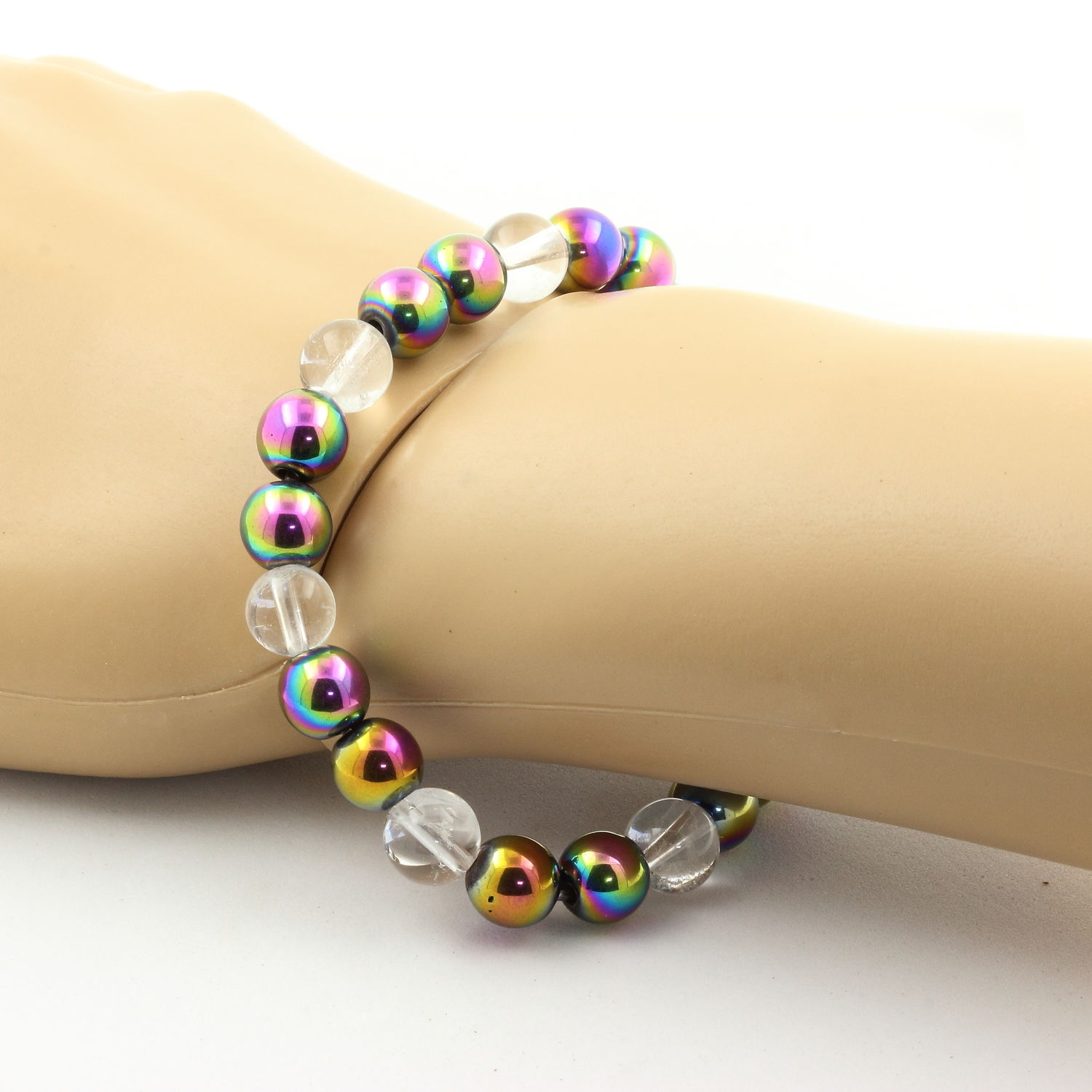 Quartz + Multicolor Hematite Bracelet 8 mm Beads. - Horizon Bliss