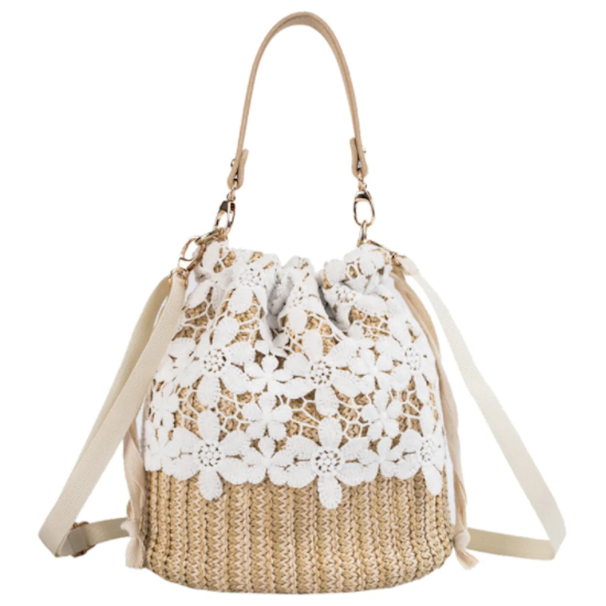 Summer Crossbody Straw Bucket with Lace - Horizon Bliss