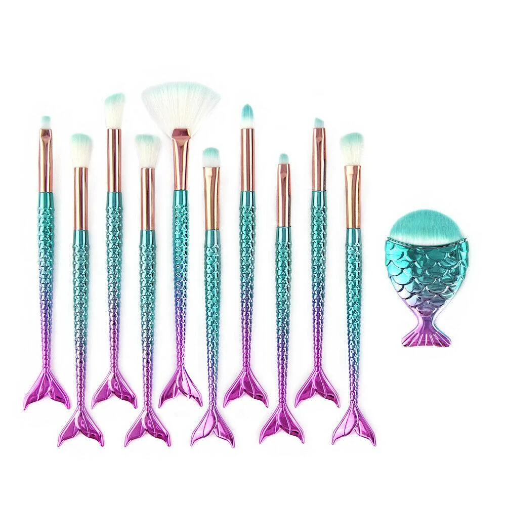 11pcs mermaid-gradient blue with fan-shaped makeup brush - Horizon Bliss