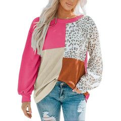 Leopard Patchwork Color Block Ribbed Long Sleeve Top