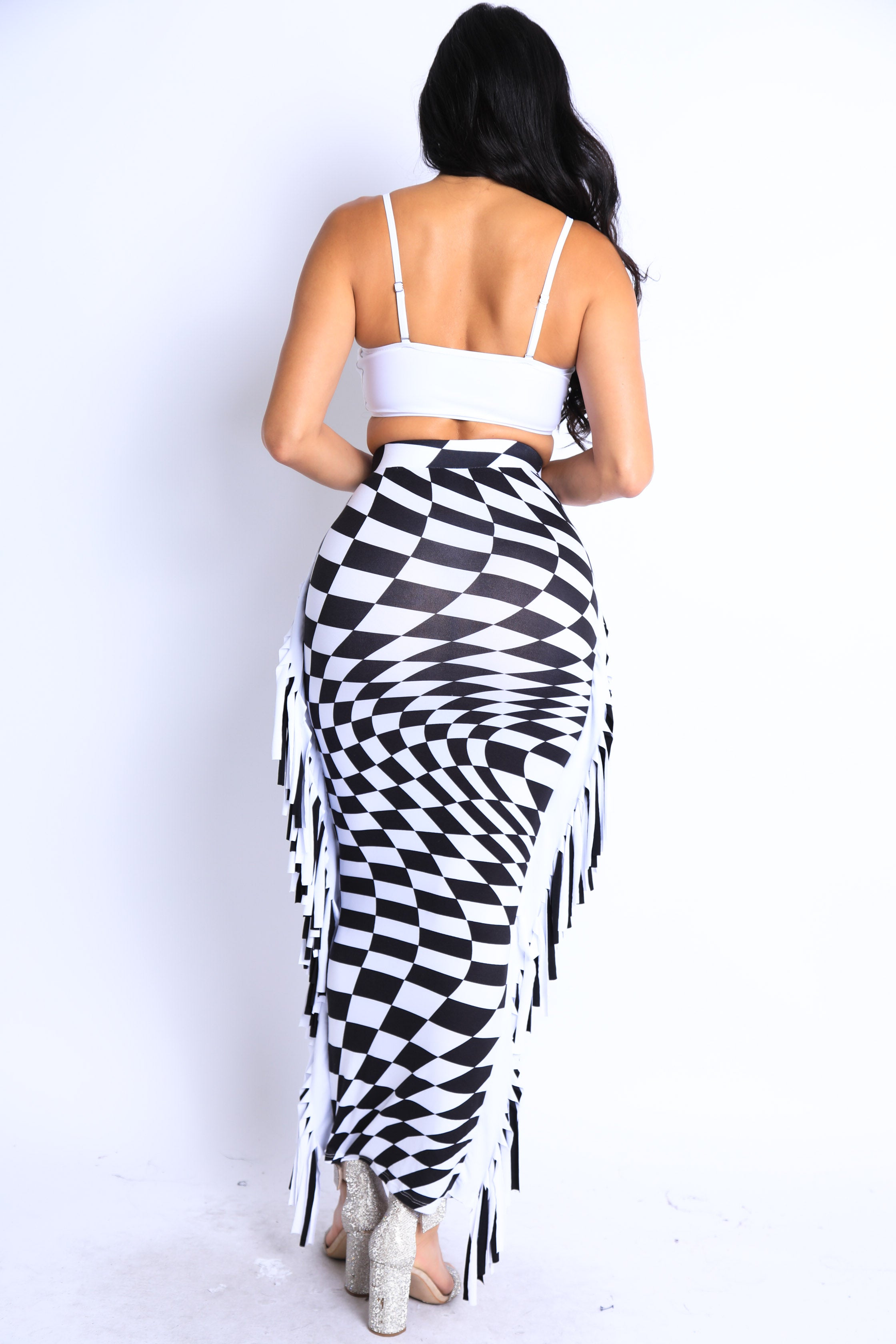 Checkered Elastic High Waist Stretch Bodycon Maxi Pencil Skirt - Horizon Bliss