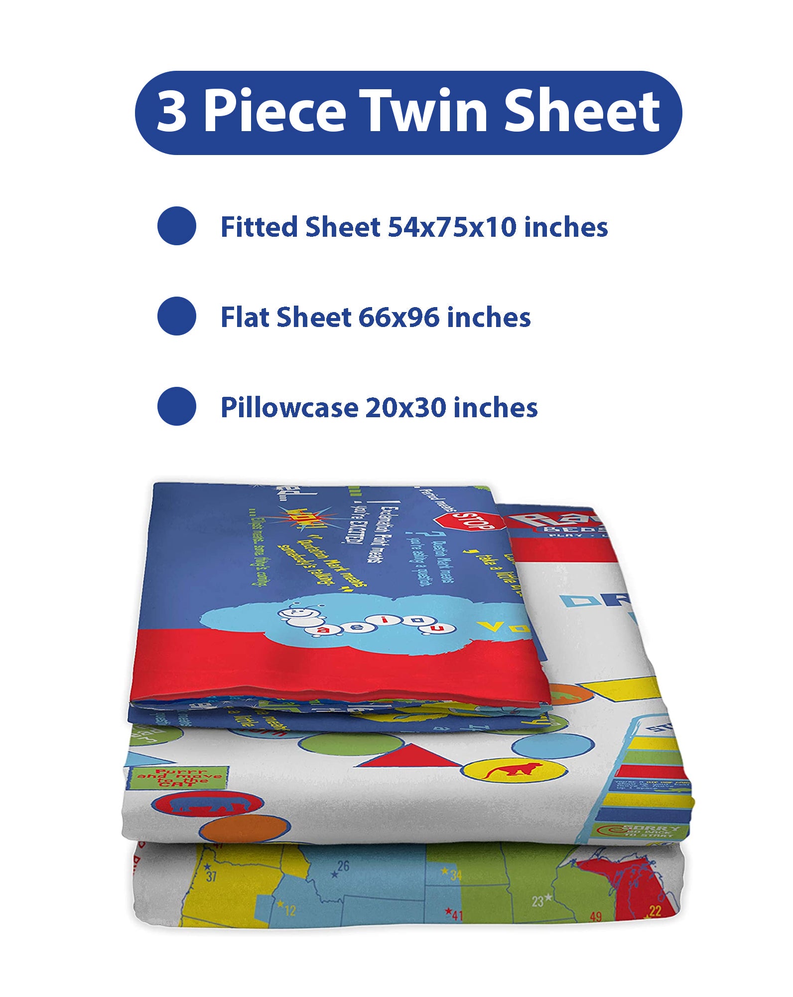 Playtime Bed Sheets Twin. 65 Fun Interactive Games & Puzzles. Blue